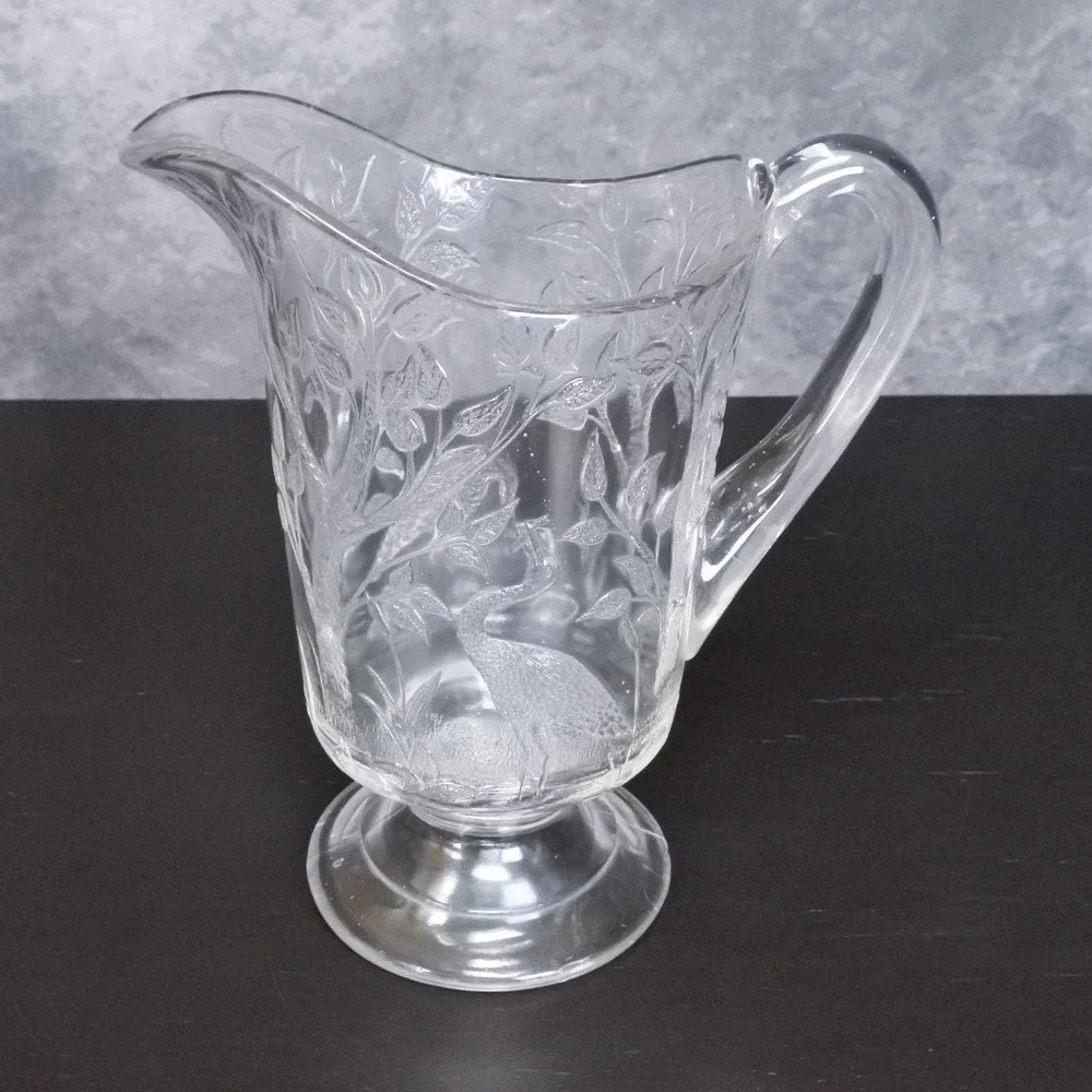 Antique Victorian Early American Pressed Glass Stork Lake Scene Water Pitcher